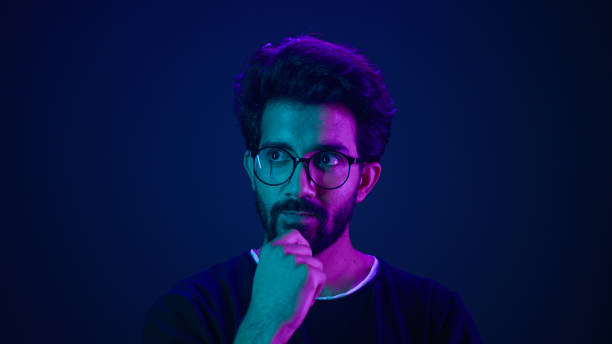istock Infographic hologram editing template ultraviolet background Arabian man hi-tech internet technology worker thinking coder programmer coding touch air space like virtual screen click icon text file 2187171108