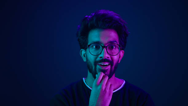istock Infographic hologram editing template ultraviolet background Arabian man hi-tech internet technology worker thinking coder programmer coding touch air space like virtual screen click icon text file 2187173043
