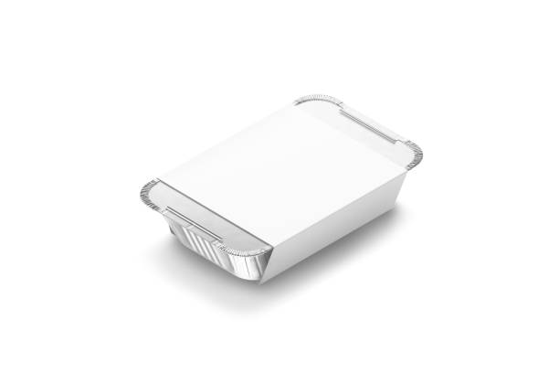 istock Blank silver aluminium foil container with white paper label mockup 2187173412