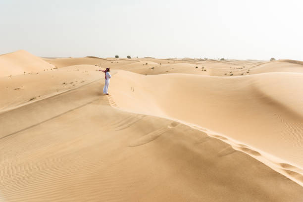 Desert safari outside Dubai, UAE. Adventure, extreme sports, tourist activities in the desert. Sport car driving on sand dunes. Orange golden sand in the desert.