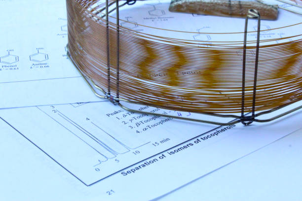 capillary columns for gas chromatographic analysis and chromatogram samples. equipment for analytical chemistry in the laboratory. close-up, selective focus