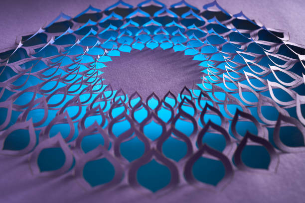 A beautifully crafted paper-cut floral mandala featuring intricate petal-like shapes in a radial design. The layered structure is enhanced with glowing blue backlighting, offering a stunning interplay of light and shadow for a dynamic visual appeal.\nNative image size: 7952 x 5304.
