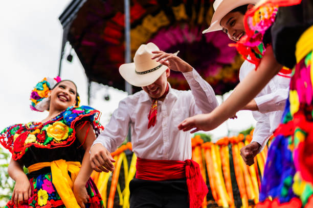 Young chiapanecos (traditional mexican dancers) dancing outdoors