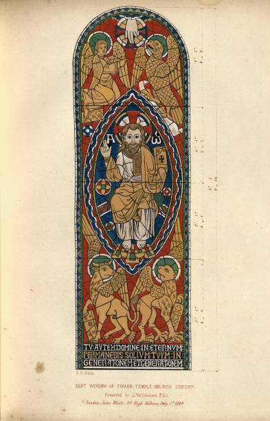 istock Western ecclesiastical architecture, Stained glass window, Jesus, Hand of God, Mythical creatures, Temple Church, London, 19th Century 2187186036