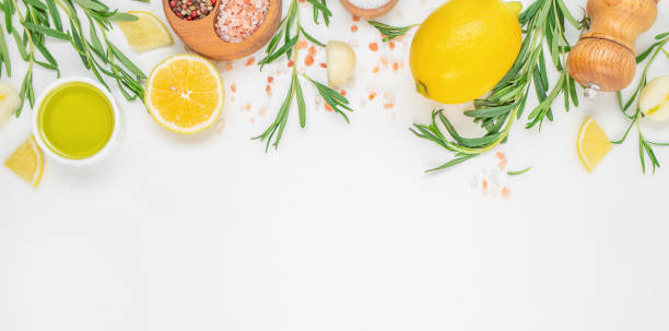 ingredients for cooking on white table. Food cooking background. Long banner format. top view. copy space.