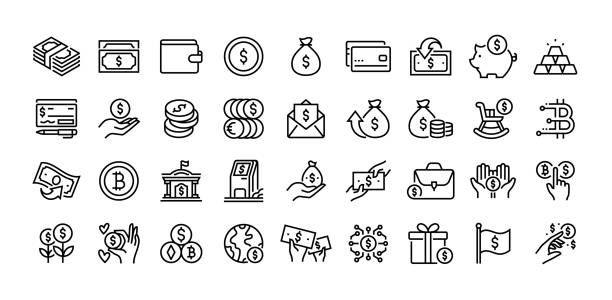illustrazioni stock, clip art, cartoni animati e icone di tendenza di money line icon set. group of object. - simbolo del dollaro