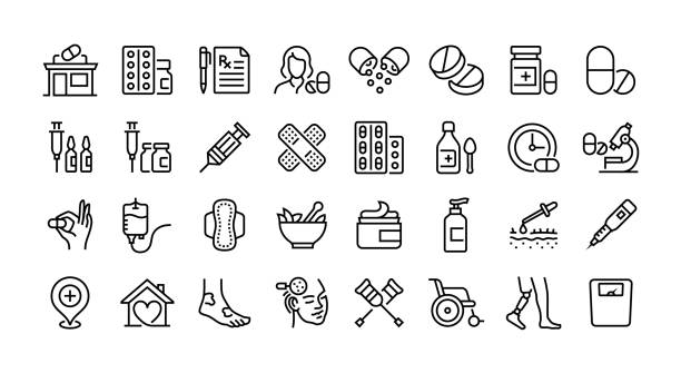 illustrations, cliparts, dessins animés et icônes de ensemble d’icônes de ligne de pharmacie. groupe d’objets. - dose