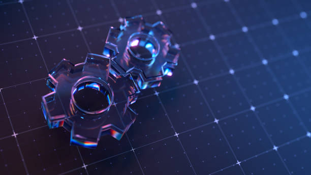 A transparent gears 3d icon on the digital grid background. Creating a futuristic and technological atmosphere. Improvement and digital solutions concepts.