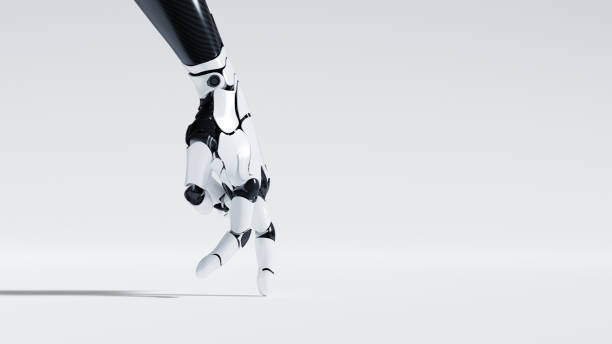 A sleek robotic hand with a futuristic design walking on fingers against a white background, symbolising innovation, progress and achievement in technology.