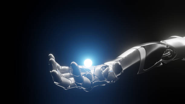 A robotic hand, in a dark setting, grasps a glowing sphere, symbolizing the intersection of technology and innovation. The image conveys a sense of futuristic advancements and digital possibilities.