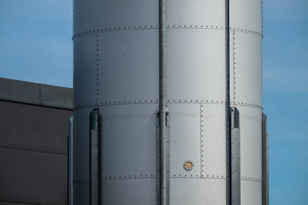 Exterior of a large steel tank.