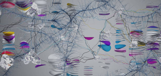 Firing Neurons Hologram - 3d rendered image of Neuron cell network on black background.  Conceptual medical illustration.  Healthcare concept. SEM [TEM] view. Glowing neurons signals.