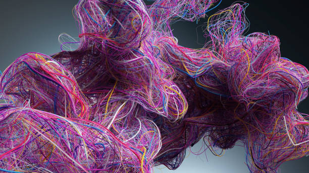The image showcases a vibrant tangle of thin strands in shades of pink and purple, intertwining wildly against a contrasting dark background, creating a dynamic visual chaos.