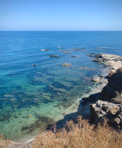Stunning sea creek with shallow turquoise water glistening under a clear blue sky, offering a serene and picturesque coastal view.