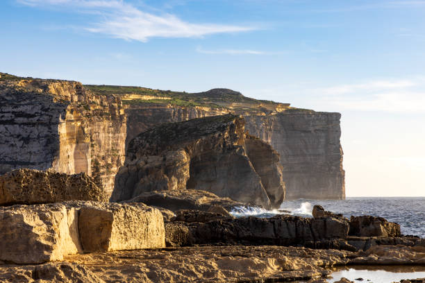 The rugged coastline of Dwejra in Gozo, Malta, features dramatic cliffs, clear waters, and breathtaking natural landscapes, perfect for exploration and sightseeing.