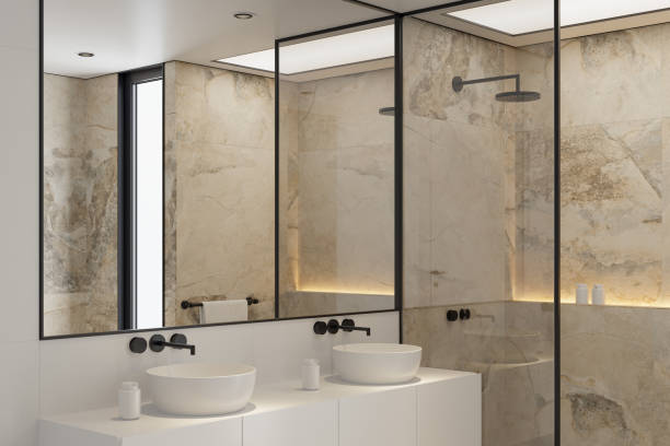 istock Modern Luxury Bathroom with Dual Sinks and Natural Stone Accents 2187202587