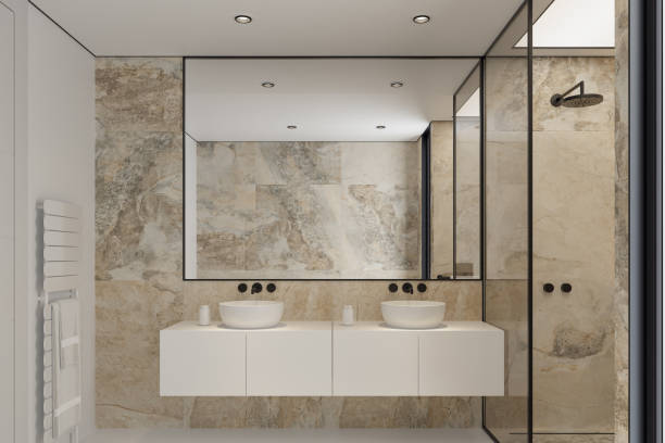 istock Modern Luxury Bathroom with Dual Sinks and Natural Stone Accents 2187202591