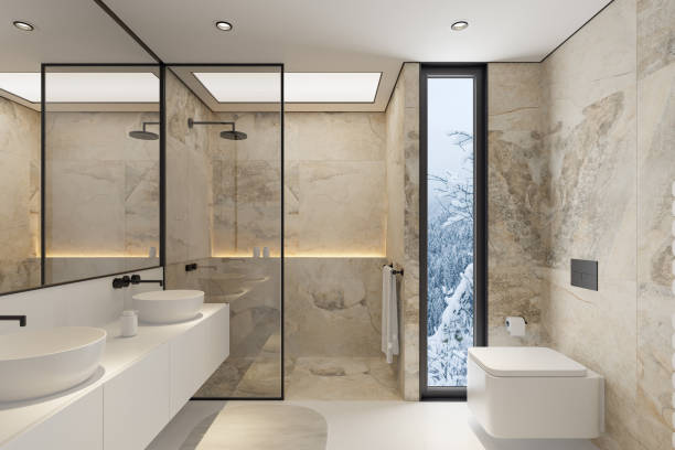 istock Modern Luxury Bathroom with Dual Sinks and Natural Stone Accents 2187202647