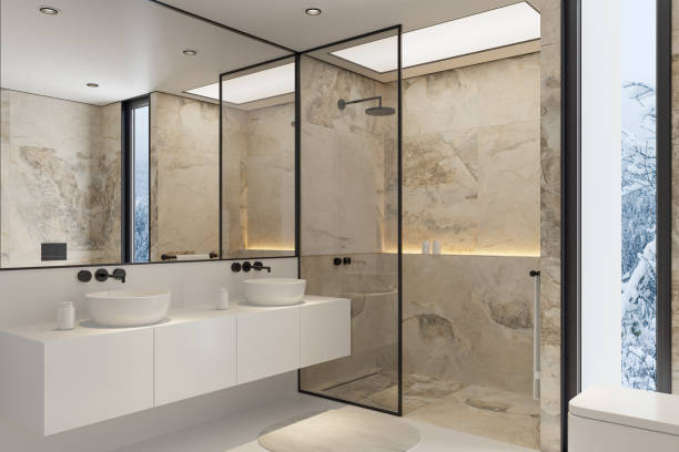 istock Modern Luxury Bathroom with Dual Sinks and Natural Stone Accents 2187202656