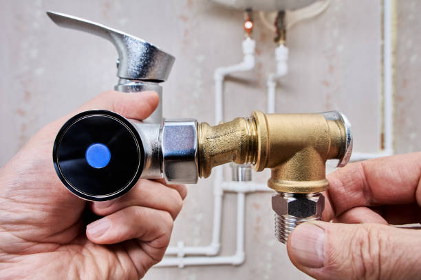 istock Connection of brass eccentric reducer with male thread for mixer tap. 2187202810