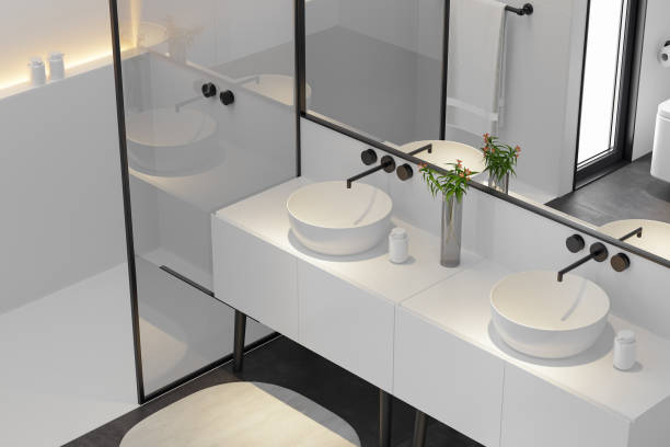 istock Minimalist Luxury Bathroom with White Walls and Dark Flooring 2187202868