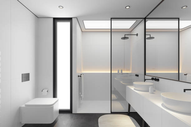 istock Minimalist Luxury Bathroom with White Walls and Dark Flooring 2187202883