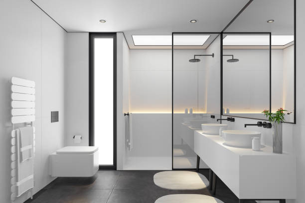 istock Minimalist Luxury Bathroom with White Walls and Dark Flooring 2187202921