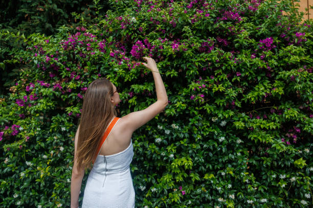 Rear view of young woman in dress gently touching a flower bush on a cobblestone street in Rome