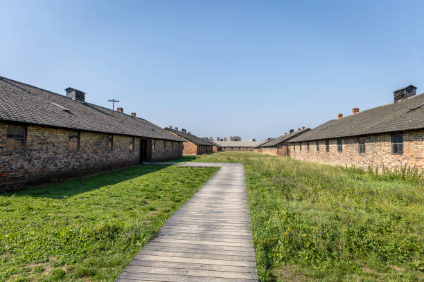 A haunting view of the barracks at Auschwitz II-Birkenau in Oswiecim, Poland, the largest of the Nazi concentration and extermination camps during the Holocaust. These barracks were overcrowded and lacked basic necessities, housing thousands of prisoners under inhumane conditions. Between 1942 and 1944, more than a million people, primarily Jews, were deported to Auschwitz-Birkenau, where many were forced into grueling labor or sent to their deaths in the camp’s gas chambers. This site is now a Holocaust memorial and museum, serving as a reminder of the atrocities committed during World War II.
