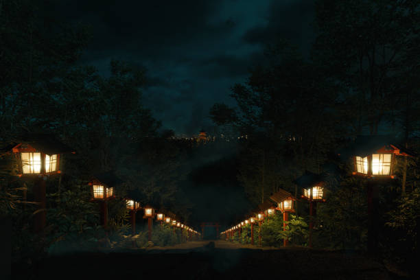 istock Ancient japanese shrine with stairs and wooden illuminated lantern at night. 3D Rendering 2187207394