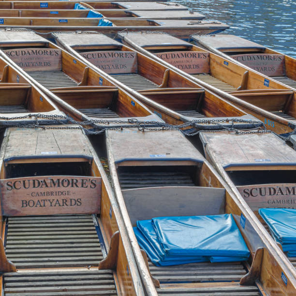 Empty yellow and red canoes on a calm water