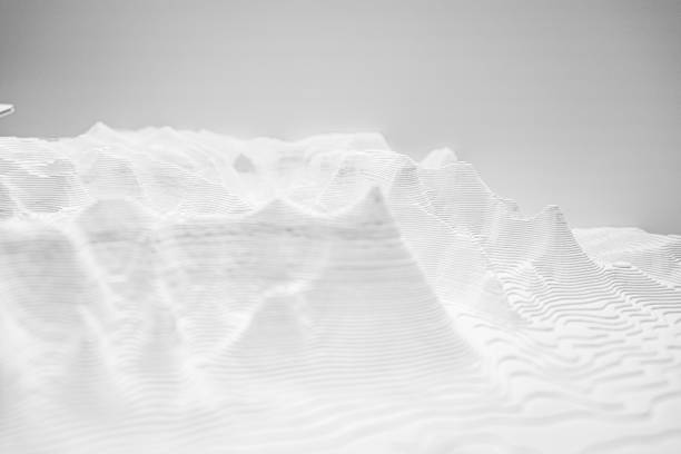 Abstract white terrain with contoured layers creating a topographical pattern, showcasing minimalist and modern aesthetics. Ideal for concepts like simplicity, purity, and innovative design.