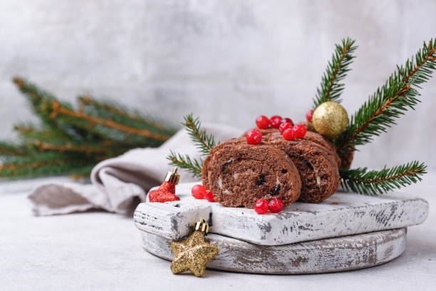 istock Christmas chocolate roll cake with cream 2187216153