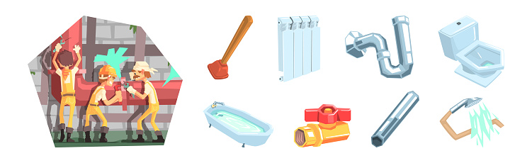 Plumber Object Professional Plumber Object And Instrument Vector Set Stock ...