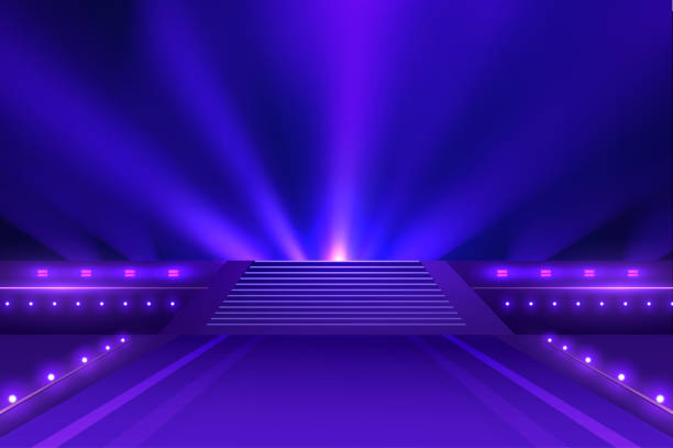 istock Illustration of spotlights shining from the bottom up, covering a staircase with a podium. 2187228250