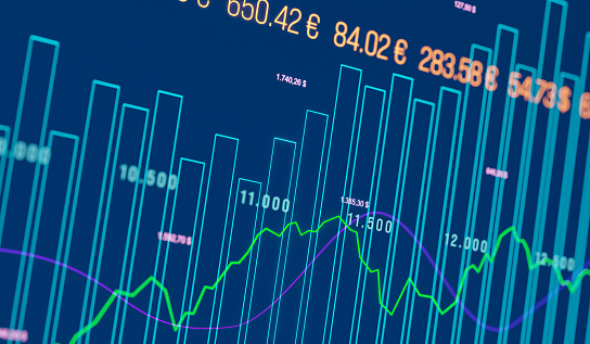 Closeup Bar Graph Charts And Stock Ticker Stock Illustration - Download ...
