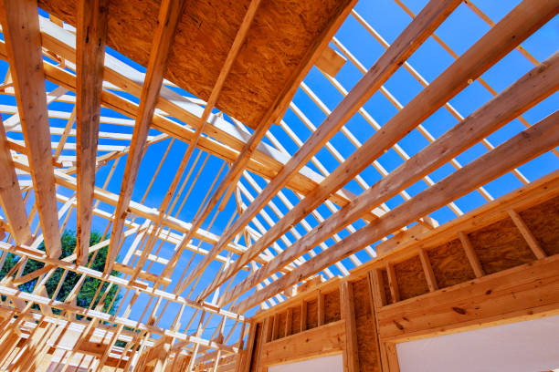 istock Architecture engineering details of a building frame wooden framework with precision, layout of beams with sky 2187231801