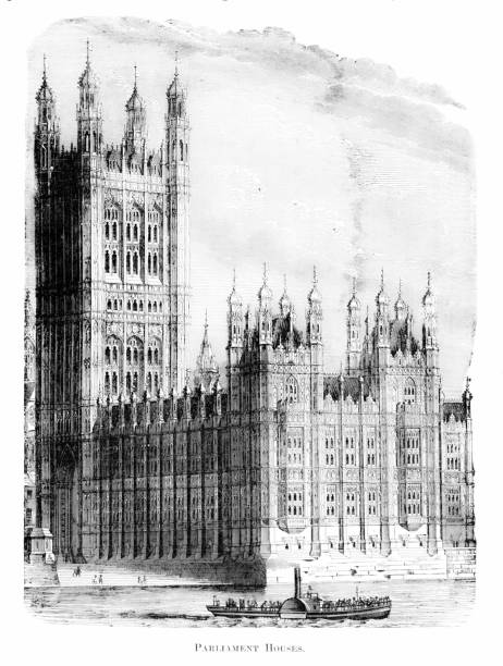British Houses of Parliament on the Thames River in London, England, UK. Illustration engraving published 1882.  This edition is in my private collection. Copyright has expired and is in Public Domain.