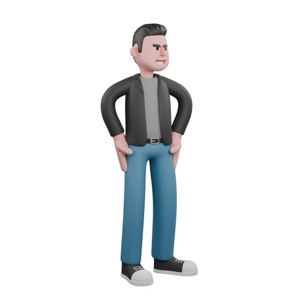 istock Creative 3D Model. A male screenwriter stands leaning to the left with both hands on his hips, expression smiling widely. Screenwriter Model 2187239091