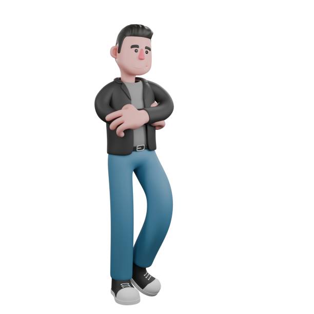 istock Creative 3D Model. A male screenwriter stands with both hands crossed in front of his stomach and his head slightly tilted. 3D Model Character. 2187239270