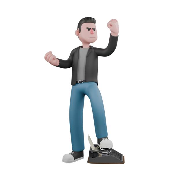 istock Screenwriter 3D Cartoon Model Design. A male Screenwriter stands with one leg on a typewriter, clenched fists in the air, heroic expression. 3D Artistic Model 2187239383
