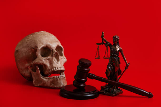 Judge's gavel, Themis figure and human skull on a red background