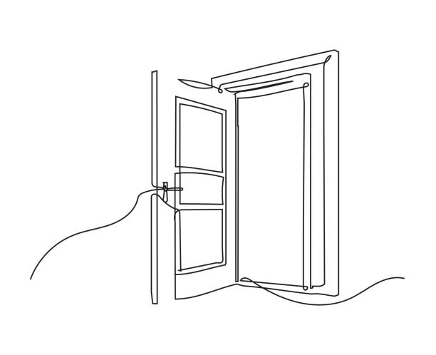 Door stands open against a background. Modern Minimalist One Line Drawing