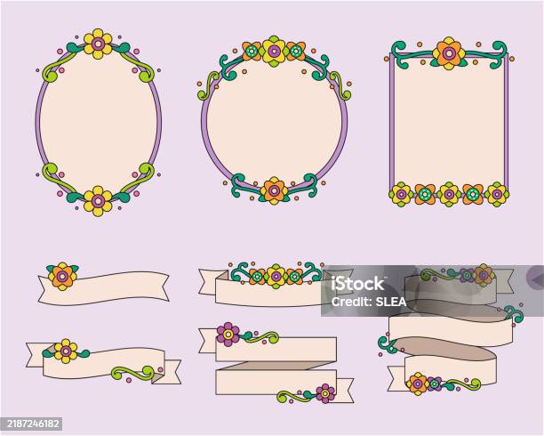 Flowered Frame Label Floral Frame And Label Design Illustration Vector Set Stock ...