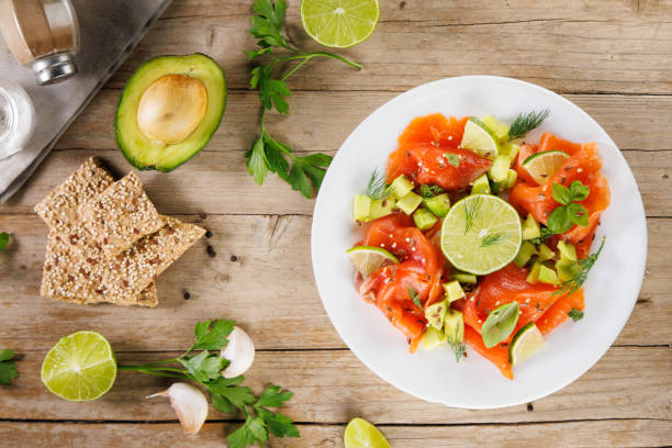 istock smoked salmon fillet and avocado on plate 2187247114