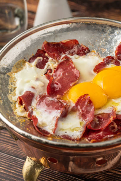 istock Traditional Turkish breakfast eggs with fried pastrami or bacon. Turkish name Pastirmali yumurta 2187250137