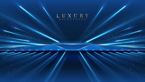 istock Golden blank pedestal template on blue background with beam effect with sparkling light decoration. Modern luxury scene design concept, vector illustration. 2187254393