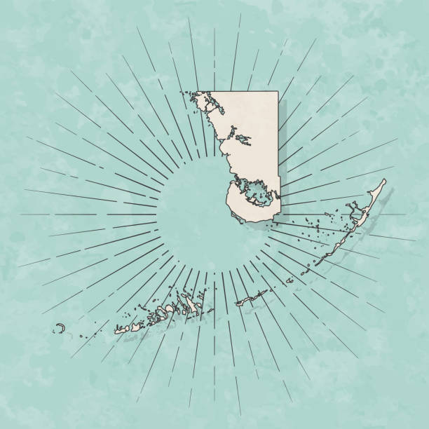 Map of Monroe County - Florida, in a trendy vintage style. Beautiful retro illustration with old textured paper and light rays in the background (colors used: blue, green, beige and black for the outline). Vector Illustration (EPS file, well layered and grouped). Easy to edit, manipulate, resize or colorize. Vector and Jpeg file of different sizes.