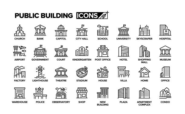 stockillustraties, clipart, cartoons en iconen met public building line icon set. group of object. - gebouw-exterieur