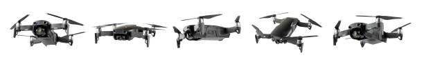Drone unmanned aircraft isolated on white background. Modern FPV drone on a white background. The drone quadcopter. aircraft on the radio control. Drone for racing, filming and entertainment.